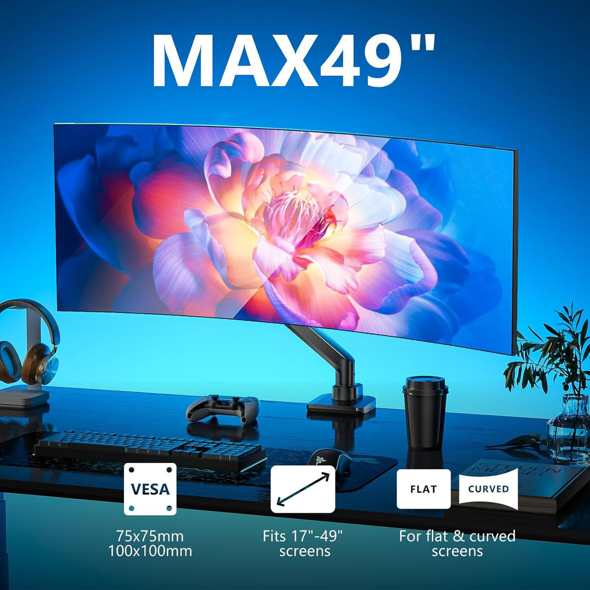 WALI Single Monitor Gas Spring Desk Mount, Heavy Duty Monitor Arm for Ultrawide Screen up to 49 inch, 44 lbs with USB. Fully Adjustable, Mounting Holes 75 and 100 (GSMU001XL), Black