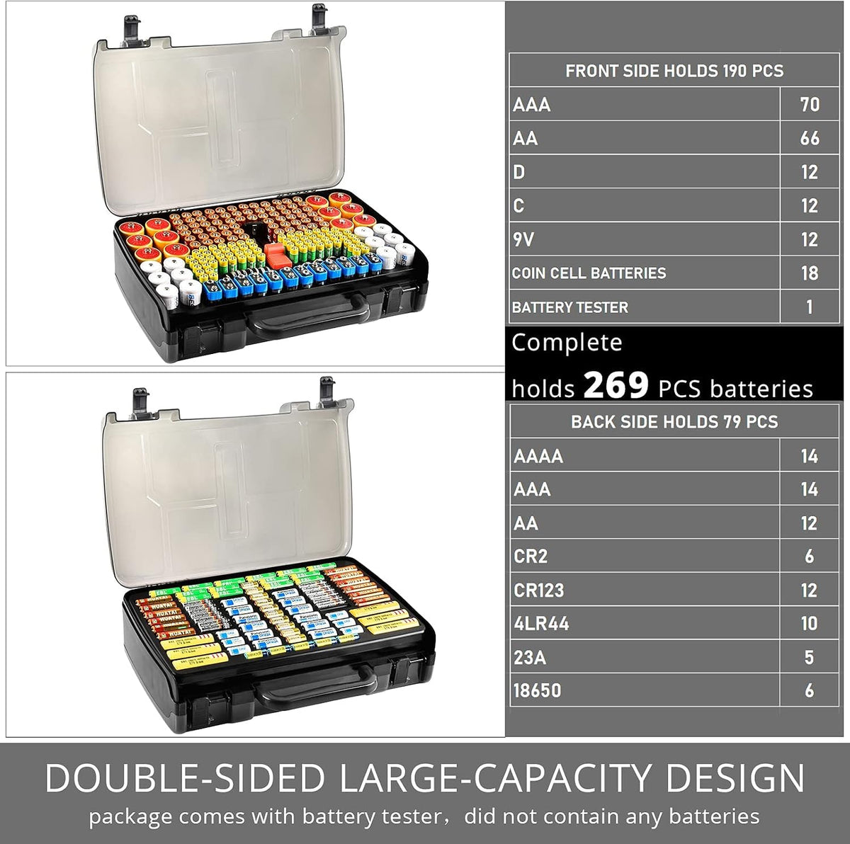269 4A 9V 3V LR44 CR2 CR123 CR1632 18650 Battery Organizer Storage Case with Tester, Holds Batteries Double Sided Box