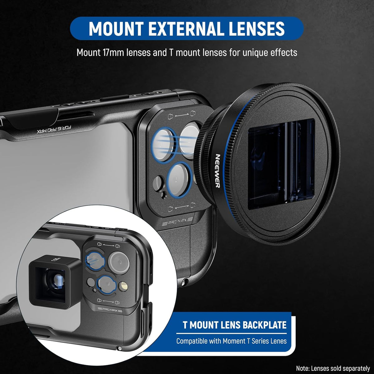 NEEWER 16 Pro Max Cage with Two Quick Release Side Handles, Phone Video Rig Kit with 67mm Filter Adapter, 17mm Lens Mount, T Mount Lens Adapter Compatible with iPhone 16 Pro Max (PA074+PA045E+PA045B)