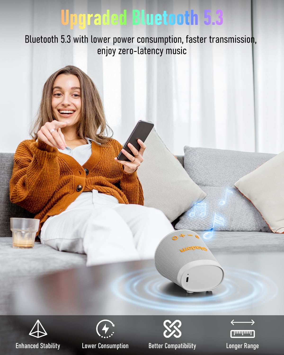 Portable Bluetooth Speaker Wireless with 9 Color Lights, 20H Playtime, Stereo Pairing, Deep Bass, IPX6 Waterproof, Bluetooth 5.3, Small Speaker for Home, Party, Outdoor, Camping, Beach, Gift