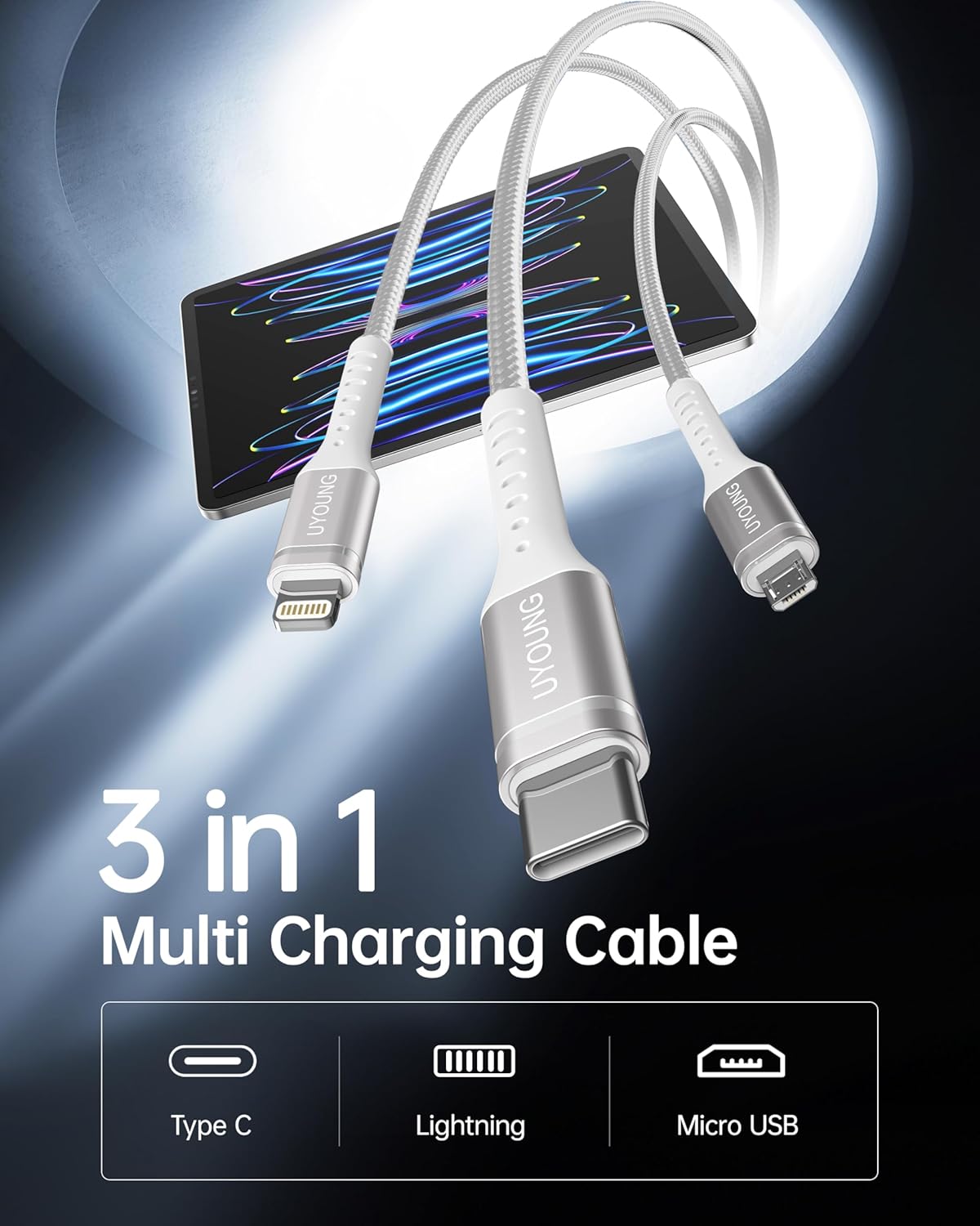 Multi Charging Cable 2Pack 4FT, 3 in 1 Charger Cable Braided Universal Phone Charging Cord with Lightning/Type C/Micro USB Ends, Multiple USB Cable for iPhone 16 15/Samsung/Google Cell Phones and More