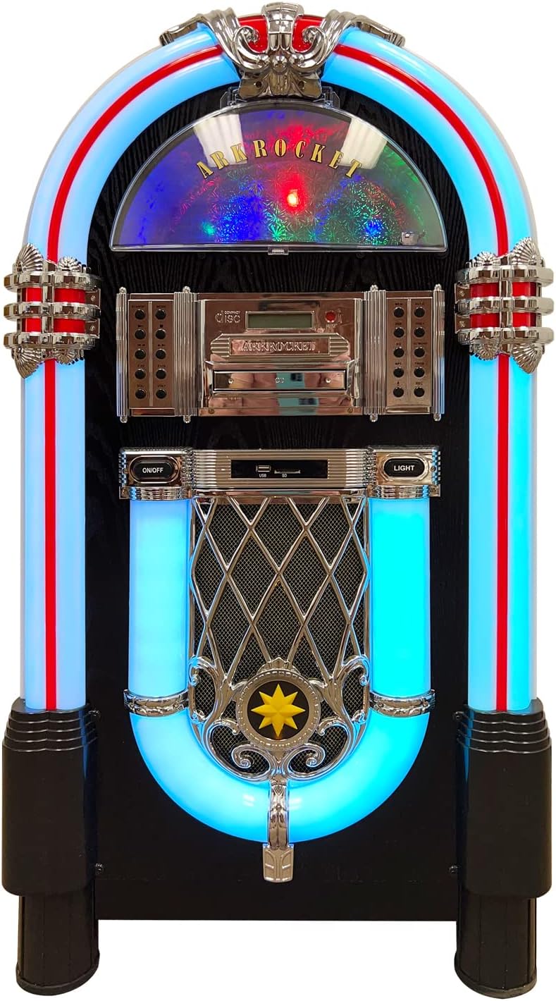 Arkrocket Taurus II Mid-Size Jukebox Vinyl Record Player Bluetooth USB SD CD Player Radio Retro Turntable Classic Jukebox (Taurus II - Black)