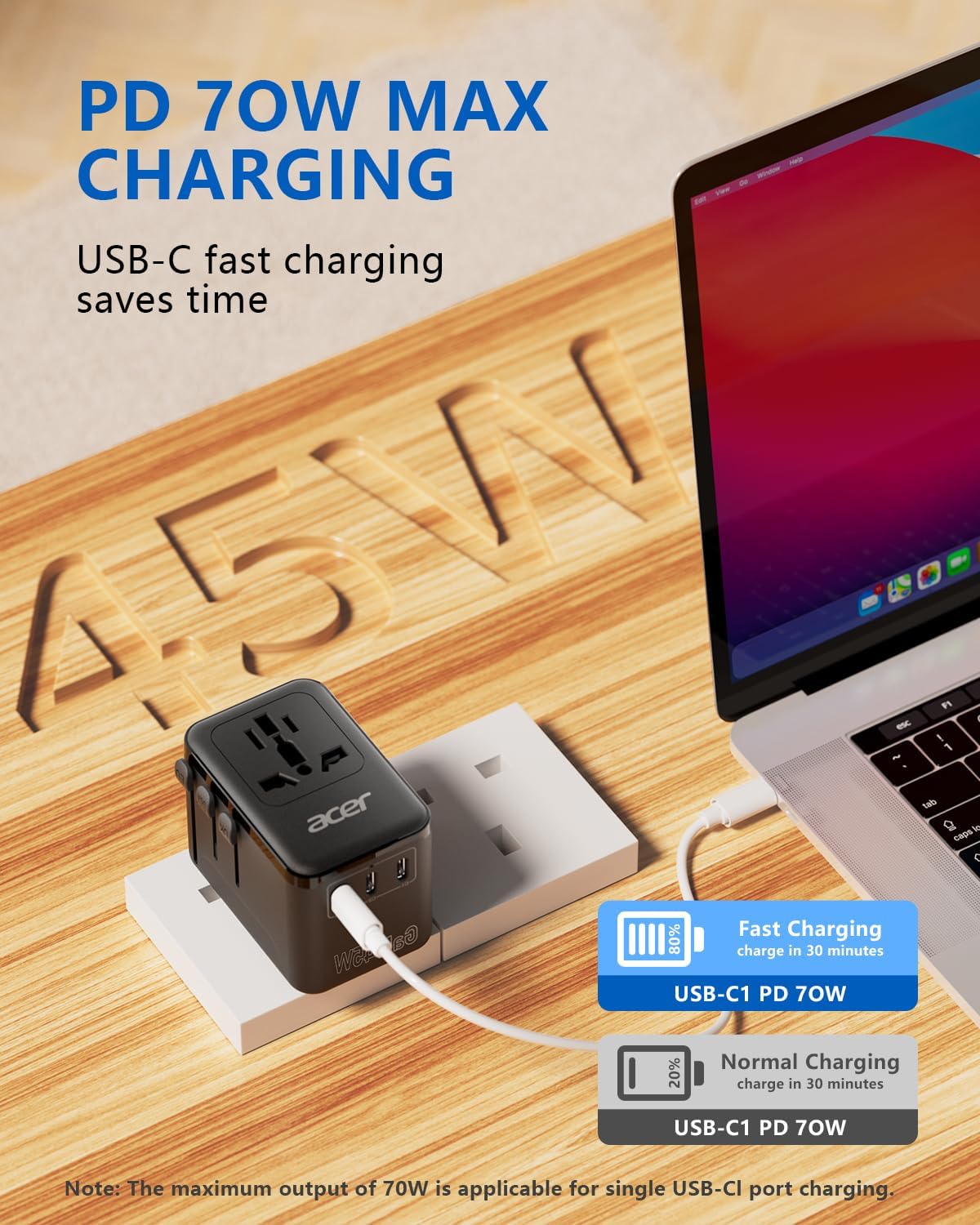 Acer 45W GaN Universal Travel Plug Adapter - International Power Adapter with 3 USB C & 1 USB A, Worldwide Power Outlet Travel Essentials for USA to European UK AUS Ireland, Type C/G/I/A, Black