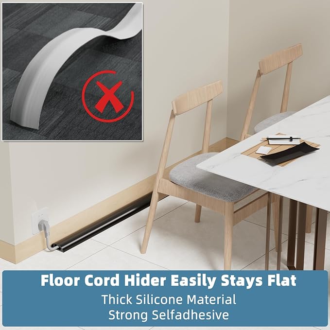 4ft Side Buckle Floor Cord Cover for Wires, Selfadhesive Extension Cord Hider Easy Floor Cable Management Prevent Cable Trips,Silicone Floor Wire Covers for Cords, Cable Protector Cord Cavity（Black）