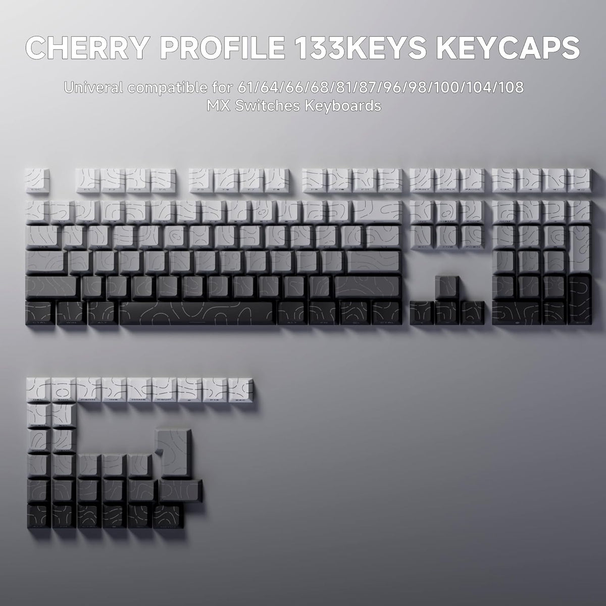 FunHub Set 133 60% 65% 75% 100% Shine Through PBT Keycaps - Black Double Shot Side Printed Backlit Keycaps Keys Cherry