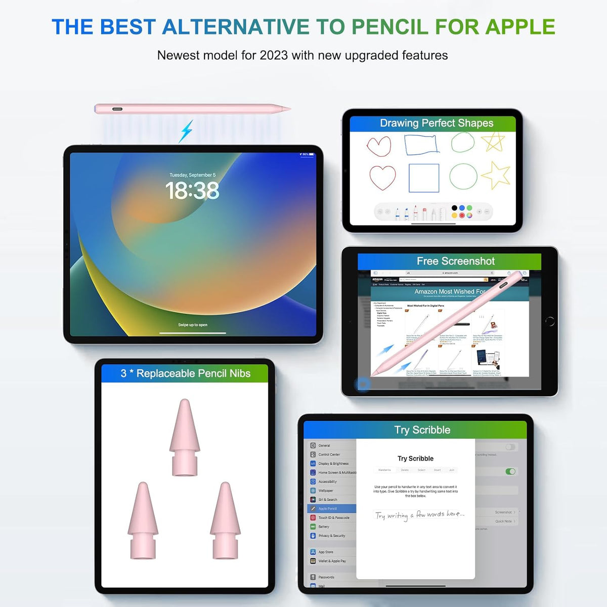Charging, HATOKU Pencil for iPad with Tilt & Palm Rejection, Magnetic Stylus Pen for ipad Air M3/3/4/5, iPad mini 5/6, ipad 6/7/8/9/10/11 Gen, ipad Pro 11/12.9 (Pink)