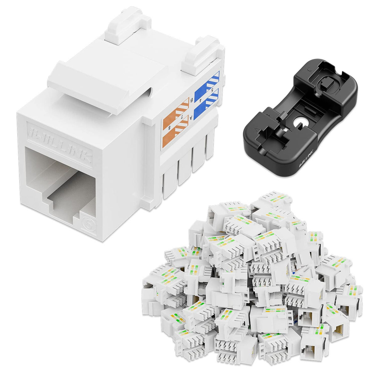 iwillink 10Gbps Cat6 Keystone Jack and Punch-Down Stand, 50-Pack, RJ45 Ethernet Keystone Jacks, 90-Degree UTP Modular Punch Down Keystone Jack Adapter, White