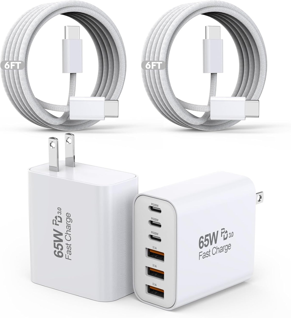 65W USB C Charger Block, 2Pack 6-Port Fast Charging Block with 6ft Long TypeC to TypeC Woven Cable Cord, Multiport Plug, USB C Power Adapter for iPhone 16/16e/16 Pro/16 Pro Max/16 Plus/15,iPad,AirPods