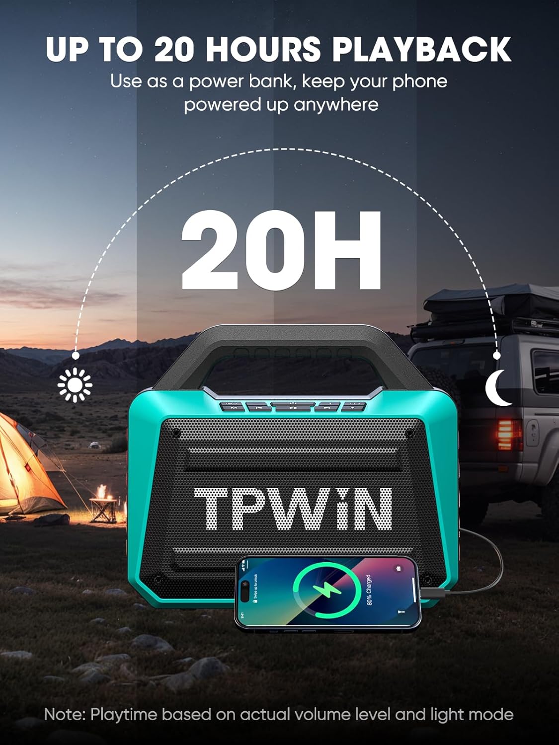 Speakers Bluetooth Wireless - Portable Speaker 80W Peak, IPX6 Waterproof, Loud Speaker with Light Show, Strong Bass, BT 5.3, TWS, 20H Playtime for Home Outdoor Beach Camping - Teal