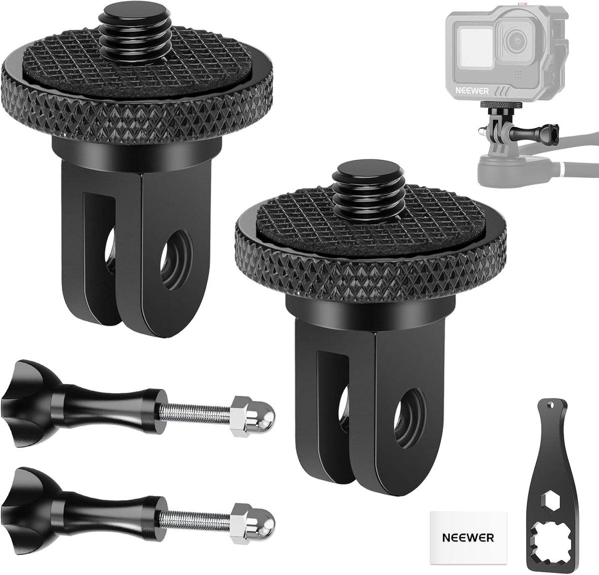 NEEWER Action Camera Tripod Mount Adapter with 1/4"-20 Screw Aluminum Alloy Accessories Compatible with Insta360 X5 X4 X3 GoPro Hero 13 12 DJI Osmo Action 5 Pro 4 3 AKASO APEMAN, GP-81