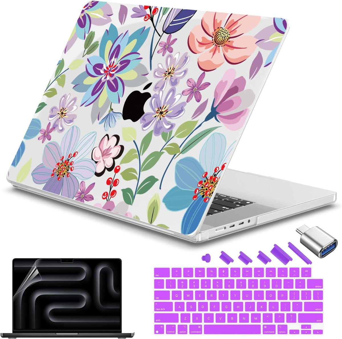 Teryeefi for MacBook Pro 14 inch Case M4 M3 M2 M1 (2025 2024 2022 2021 Release) Model A3112 A3185 A3401 A2918 A2992 A2779 A2442, PC Hard Shell+ Keyboard Cover +Type C Adapter, Pretty Flowers Clear-104