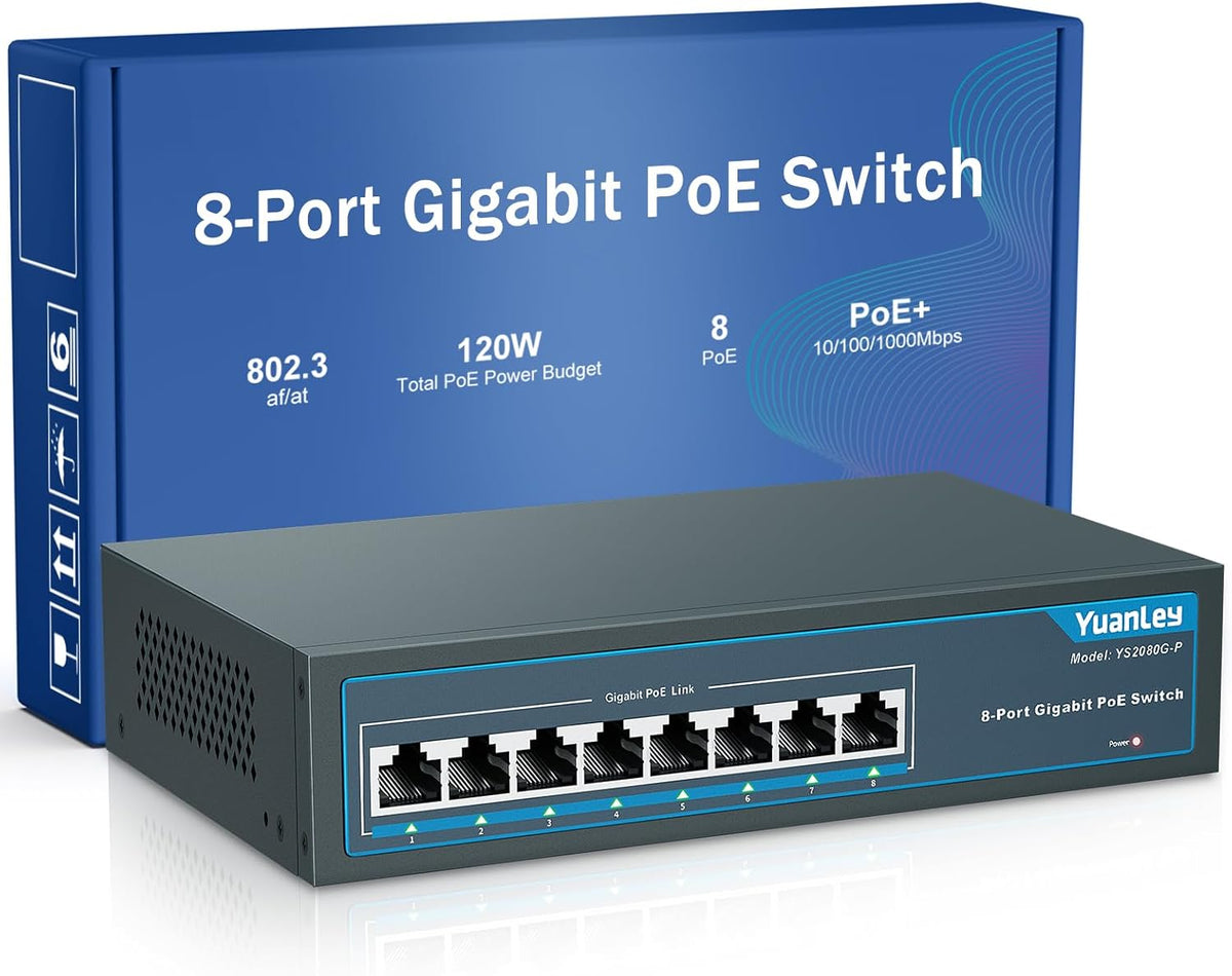 YuanLey 8 Port Gigabit PoE Switch, 8 PoE+ Ports 1000Mbps, 120W 802.3af/at, Metal Fanless Unmanaged Plug and Play