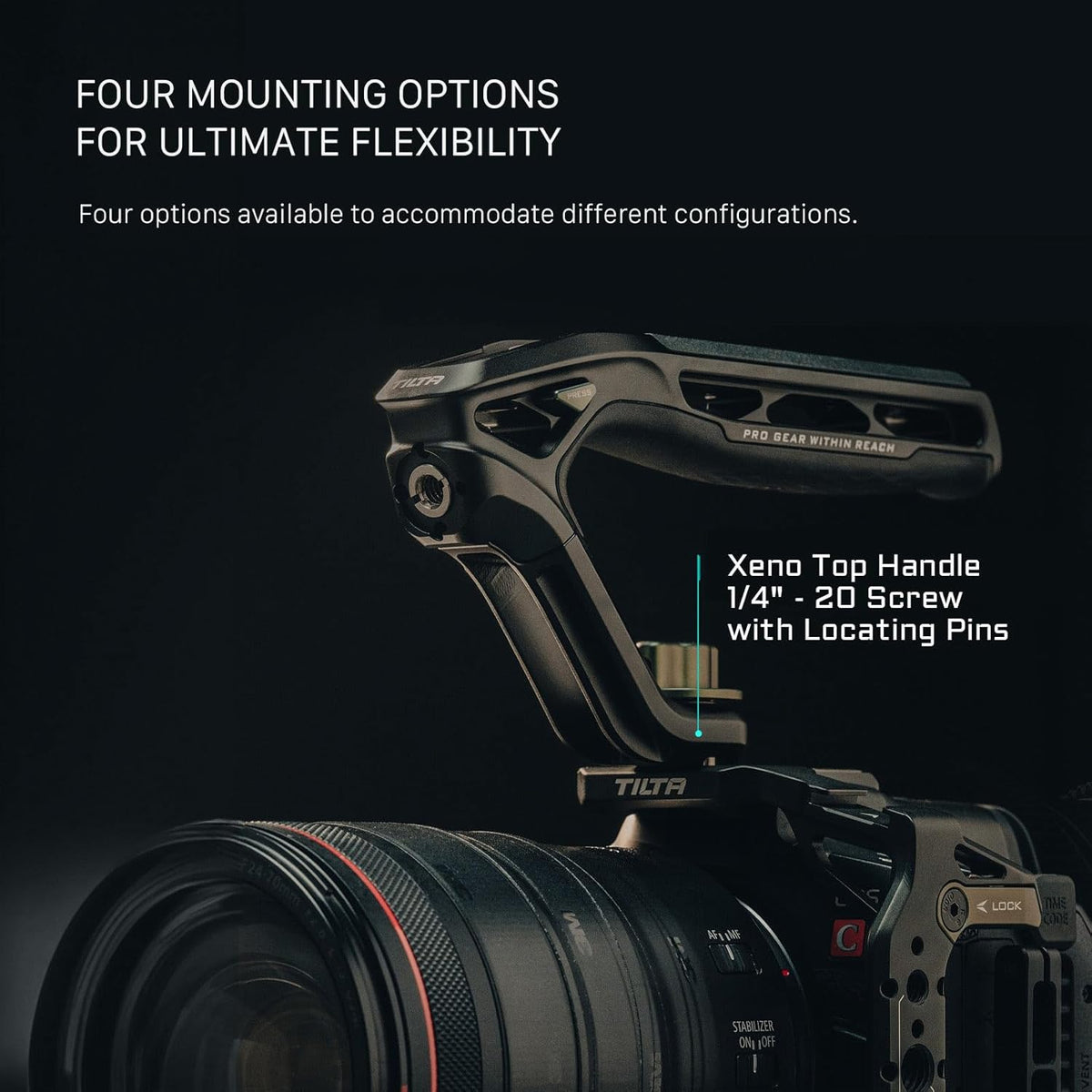 Tilta Xeno Top Handle for Filmmakers & Cameras - Titanium Gray | Aluminum Alloy and Silicone Build | Safety Release Pin | Comfortable Handling (1/4″-20 and 3/8″-16 Threads w/Locating Points)