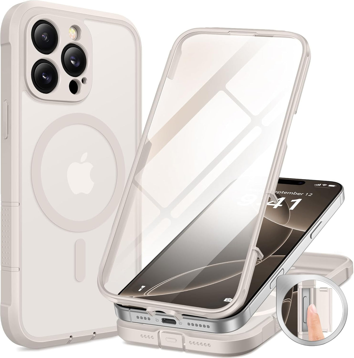 BERFY Magnetic for iPhone 16 Pro Max Case, Compatible with MagSafe, [Built-in 9H Tempered Glass Screen Protector & Camera Protection] Full Body Translucent Matte Phone case for 16 Pro Max, Stone
