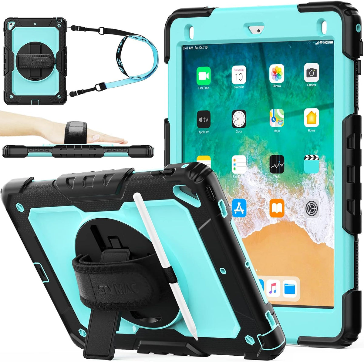 SEYMAC stock Case for iPad 6th / 5th Generation Case/Air 2 / Pro 9.7 inch, Heavy Duty Protective with Screen Protector, with Pencil Holder, Hand Strap, Shoulder Strap, 360 Rotate Stand, SkyBlue+Black