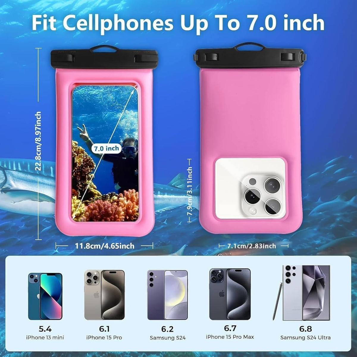 Floatable Waterproof Phone Pouch/Case with Crossbody Lanyard for iPhone 16 Pro Max/15 Pro/14/13/12, IP68 Cellphone Dry Bag Beach Cruise Ship Essentials, 1 Pack-Pink-7″