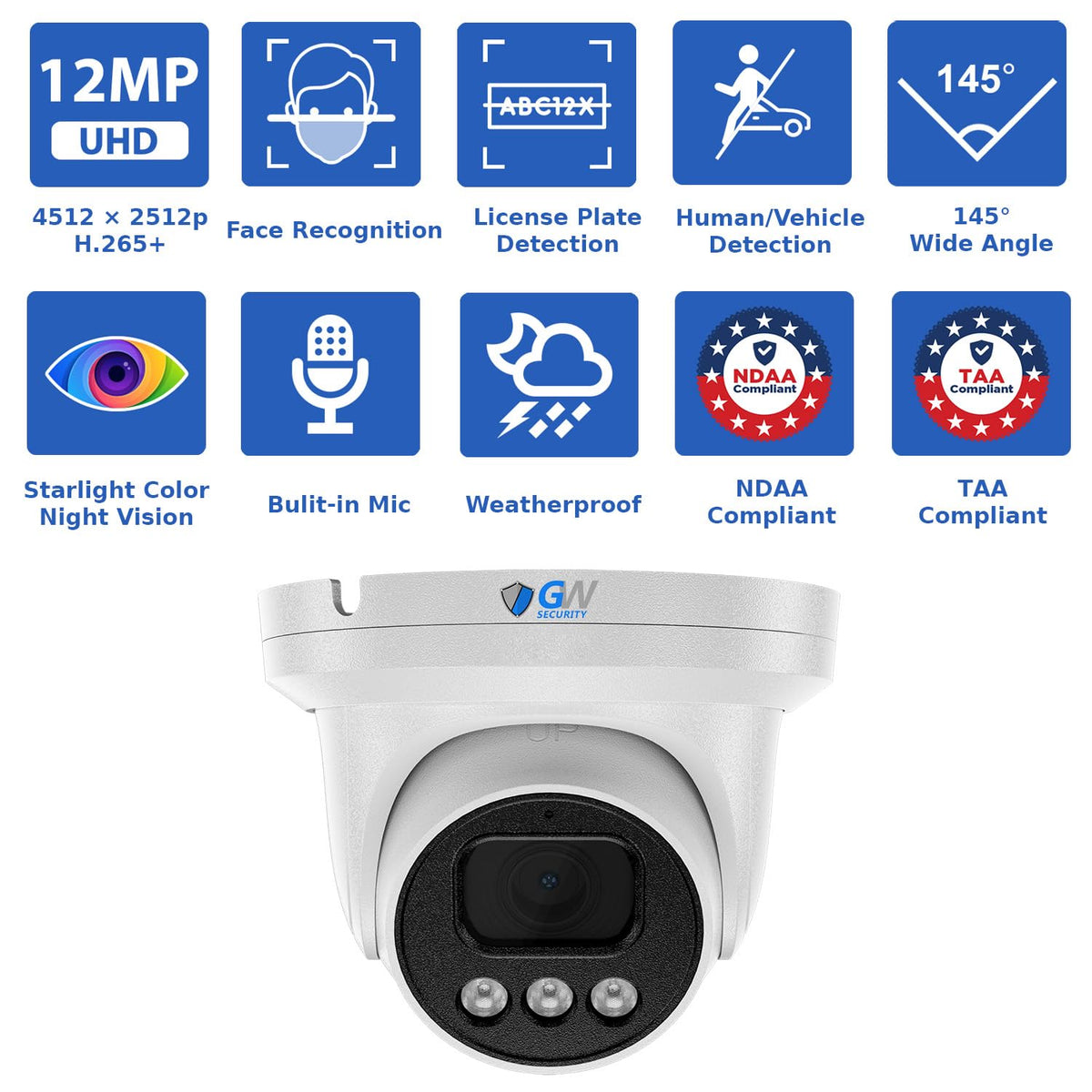 GW Security 16 Channel NVR UltraHD 12MP 4K @30FPS Face/Human/Vehicle Detection PoE Security Camera System with 12 x 12MP IP Microphone Smart AI Dome