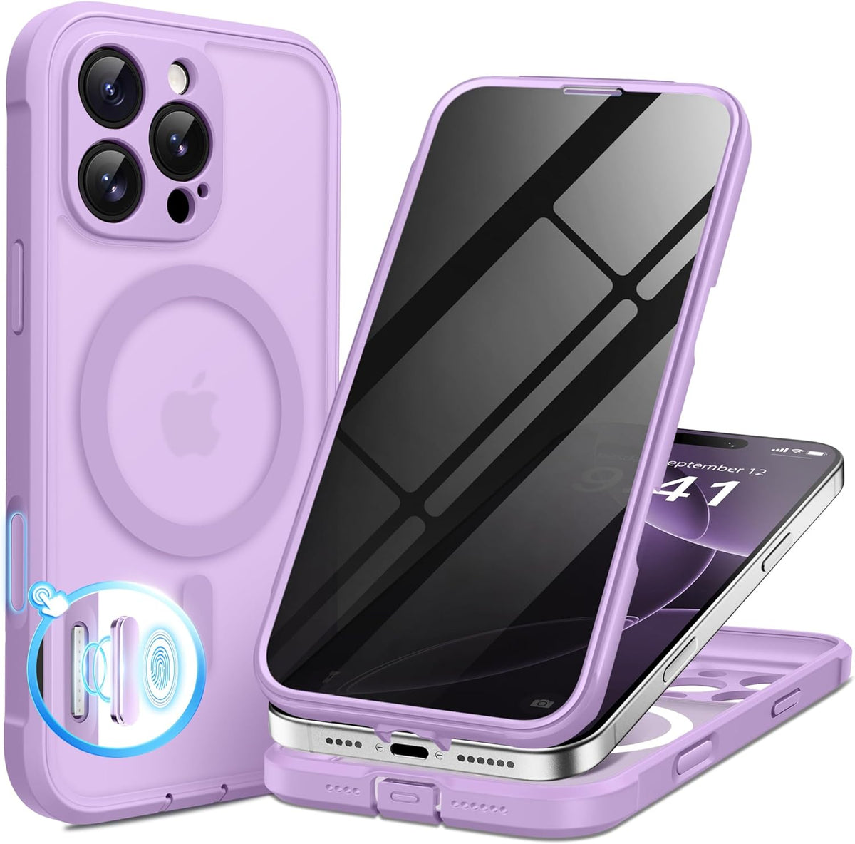 BERFY Magnetic for iPhone 16 Pro Case, Compatible with MagSafe, Built-in Privacy Screen Protector and Upgraded Camera Protection, Anti-Spy Full Body Shockproof Phone Case for 16 Pro 6.3", Light Purple