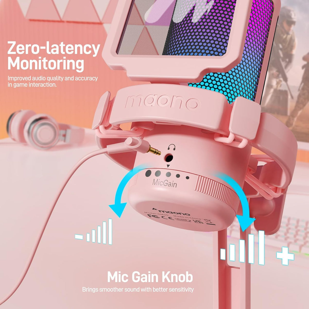 MAONO Gaming Microphone with Noise Cancellation, USB Condenser Mic for Streaming, Podcast, Twitch, YouTube, Discord, PC Desktop Computer Mic for PS5, GamerWave DGM20 Pink