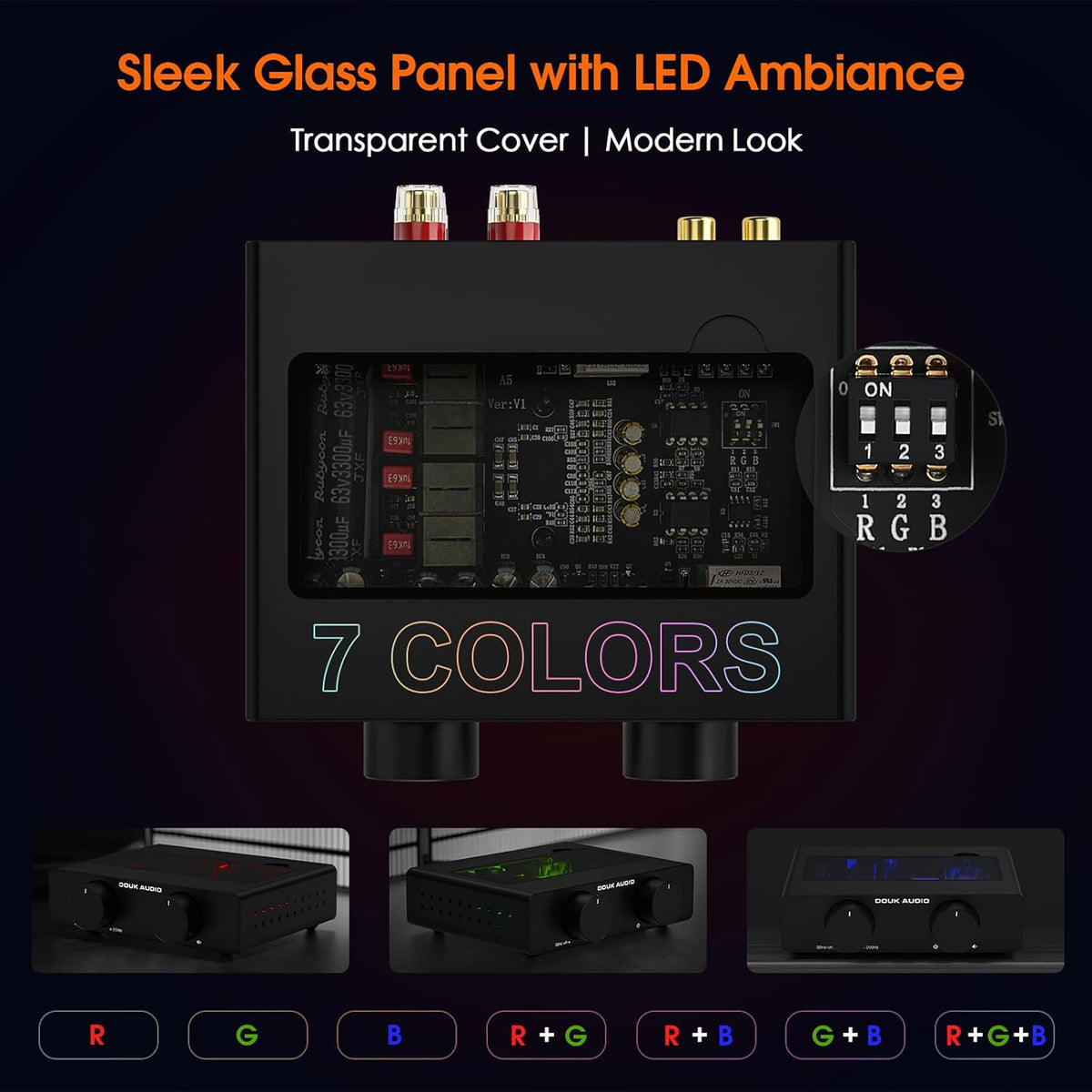 Douk Audio A5 2 Channel TPA3255 Stereo Amp, 300 Watts x2 Mini Hi-Fi Audio Power Amplifier Class D for Home Theater System, Passive Bookshelf Tower Speakers with High-Pass Filter + 48V Power Supply