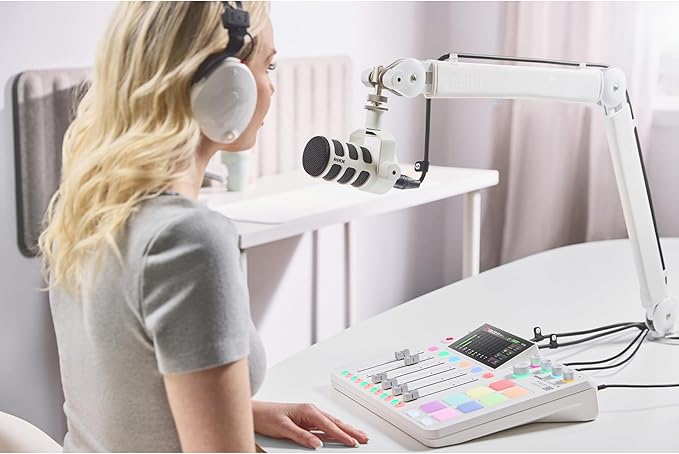 Rode PodMic Cardioid Dynamic Broadcast Microphone (White) with StreamEye Lowpro Mic Boom Arm and Professional Grade XLR Cable