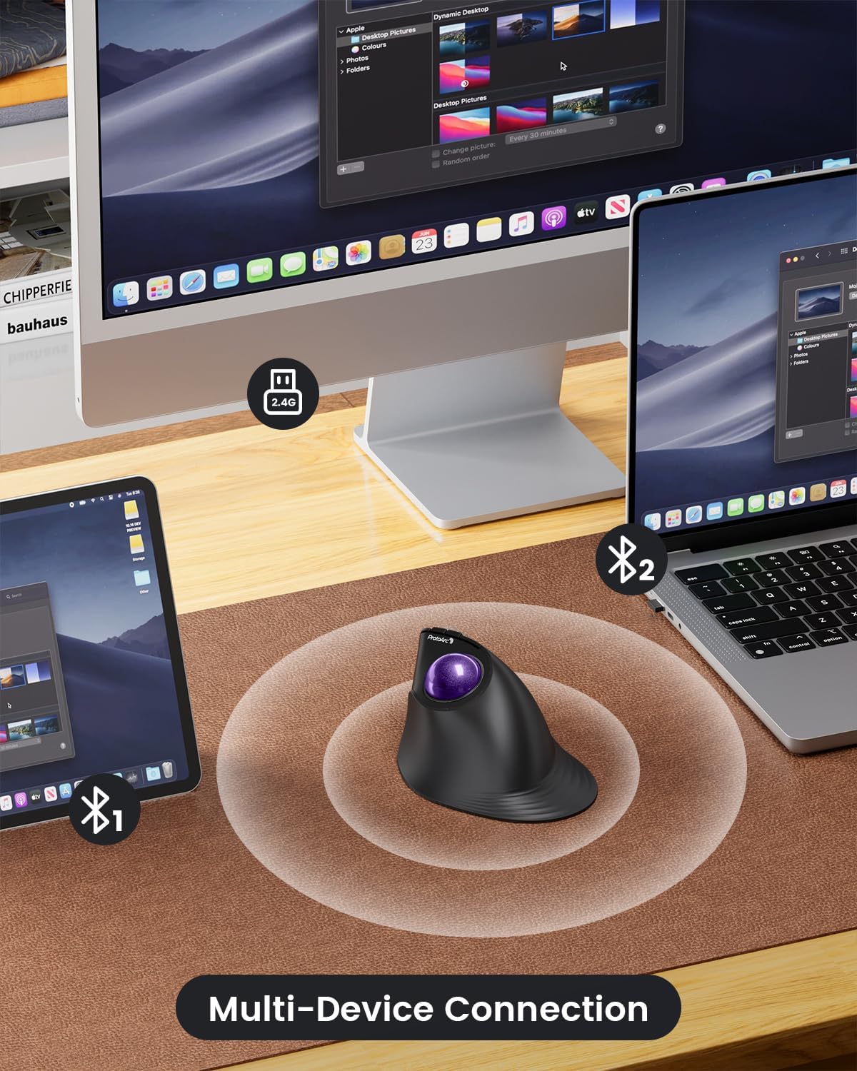 ProtoArc Vertical Wireless Trackball Mouse, EM05 NL Bluetooth Ergonomic Rollerball Mouse Rechargeable Computer Laptop Thumb Mice, 3 Device Connection, Compatible with iPad, Mac, Windows, PC-Purple