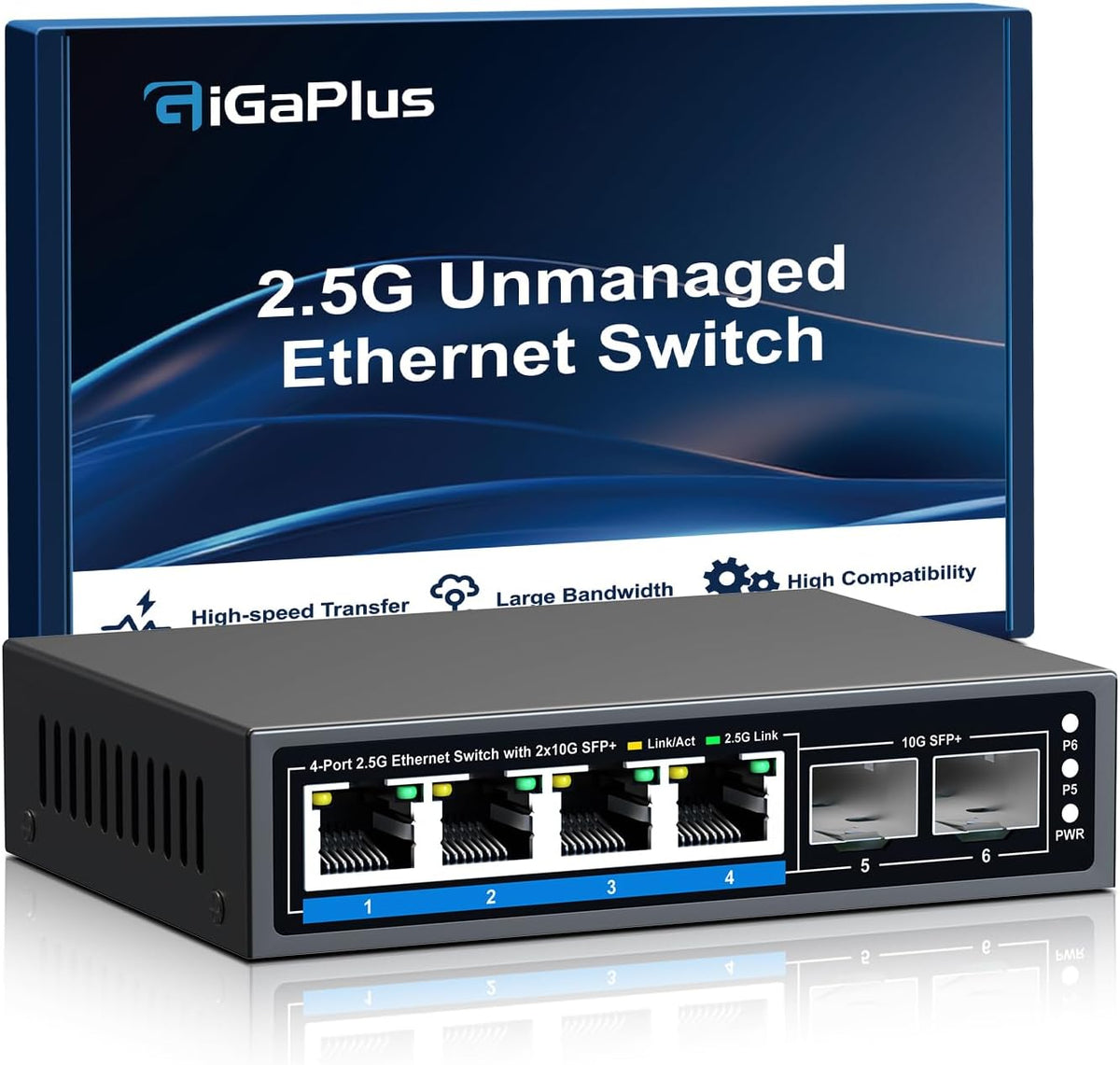 6 Ports 2.5Gb Unmanaged Ethernet Switch with 4* 2.5G Base-T Ports, 2* 10G SFP+ Ports. 2.5Gbps Network Switch for 2.5Gbps NAS/PC, WiFi6 Router, Wireless AP. Fanless Design, Plug and Play