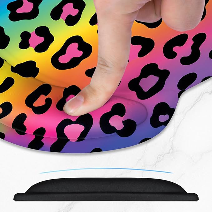 ITNRSIIET Ergonomic Mouse Pad with Comfort Gel Wrist Rest, Non-Slip PU Base, Smooth Textured Surface, Reduces Hand Fatigue & Wrist Pain, 8.7 x 7.2 Inch for Office Gaming Home, RainbowLeopard