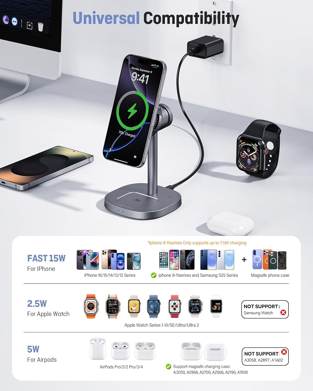 2025 New Magnetic Wireless Charger with Active Cooling, 15W Qi2 Fast 3 in 1 Charging Station for Apple Charger Stand, Wireless Charger for iPhone16/15/14/13/12 Series, Apple Watch, AirPods