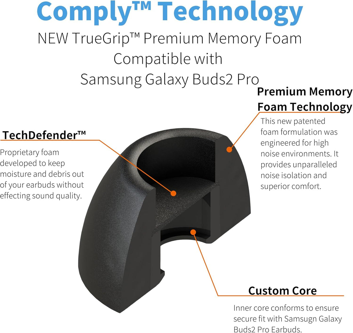 Comply TrueGrip | Premium Memory Foam Replacement Earbud Tips for Samsung Galaxy Buds2 Pro | Enhanced Comfort, Secure Fit, Superior Noise Isolation, Cleaning Tool | Black (S/M/L) (3 Pairs)