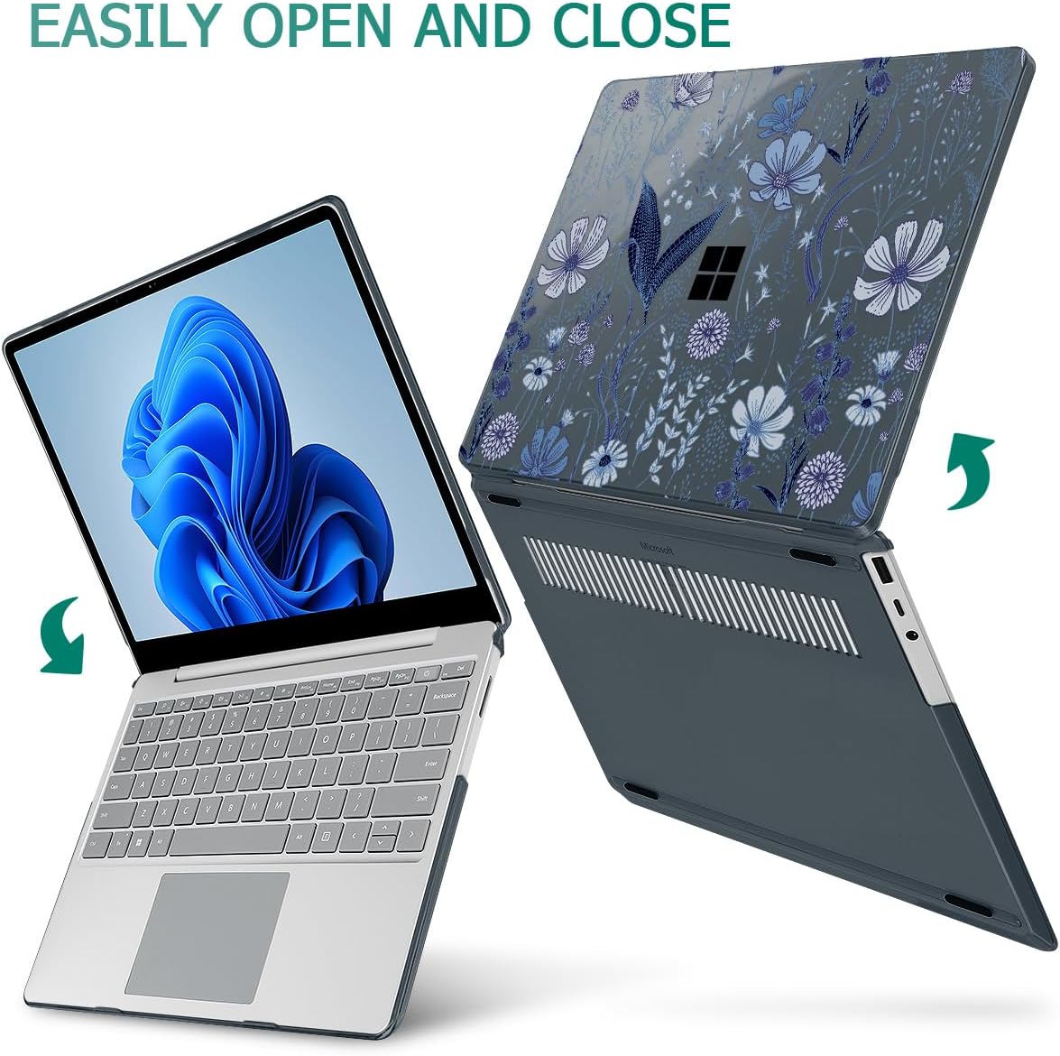 Tuiklol Case for 15 Inch Microsoft Surface Laptop 5/4/3 2022-2020, Model 1979/1953/1872/1873 Hard Shell Cover, Keyboard Cover+Screen Protector+Dust Plugs,Blue Line Floral