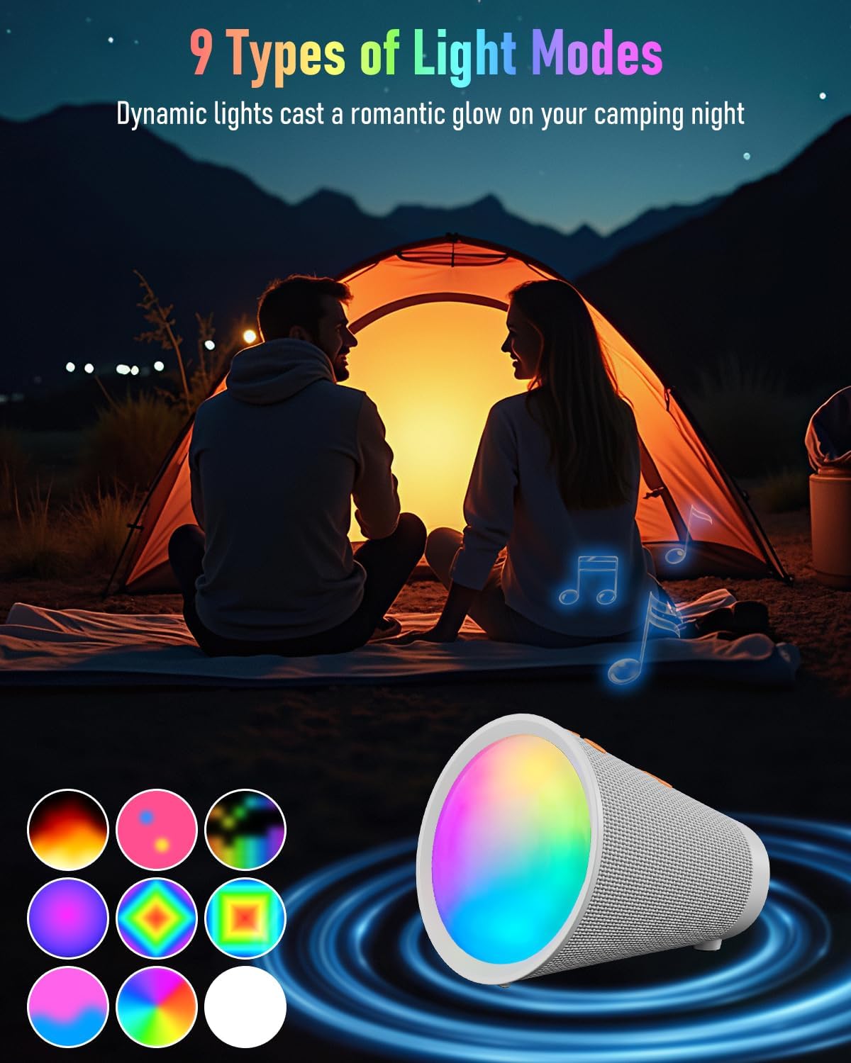 Portable Bluetooth Speaker Wireless with 9 Color Lights, 20H Playtime, Stereo Pairing, Deep Bass, IPX6 Waterproof, Bluetooth 5.3, Small Speaker for Home, Party, Outdoor, Camping, Beach, Gift