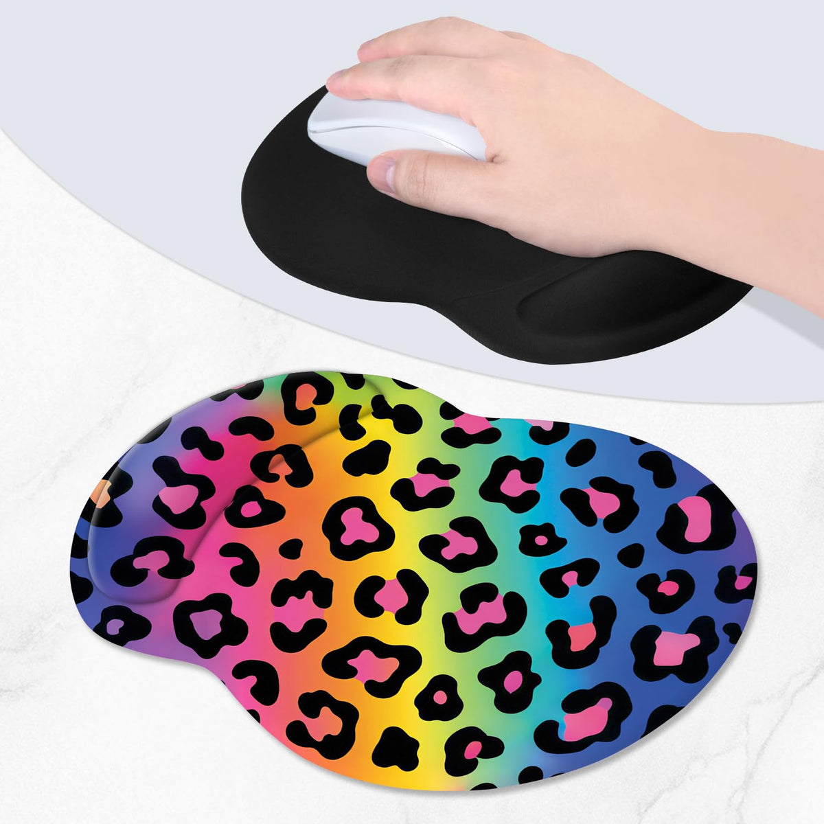 ITNRSIIET Ergonomic Mouse Pad with Comfort Gel Wrist Rest, Non-Slip PU Base, Smooth Textured Surface, Reduces Hand Fatigue & Wrist Pain, 8.7 x 7.2 Inch for Office Gaming Home, RainbowLeopard