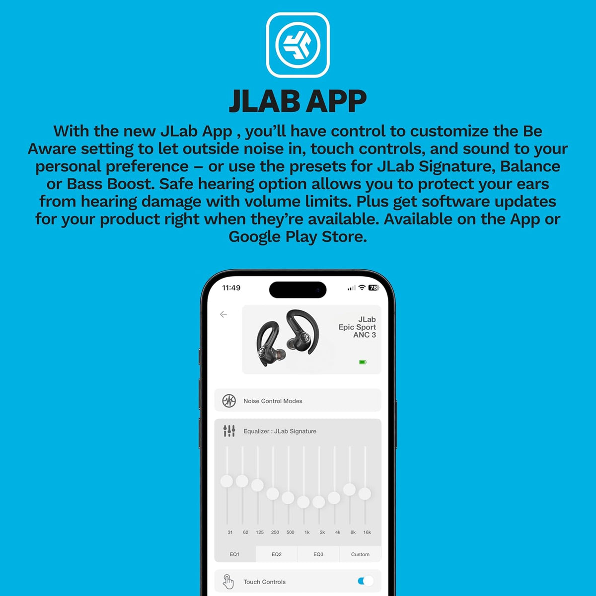 JLab Epic Air Sport ANC 3 True Wireless Bluetooth Earbuds for Active Workout, Hybrid Dual Drivers for Premium Sound, Hi-Res Audio, Spatial Audio, AAC, Sweatproof, 12+ Hours Playtime, Google Fast Pair