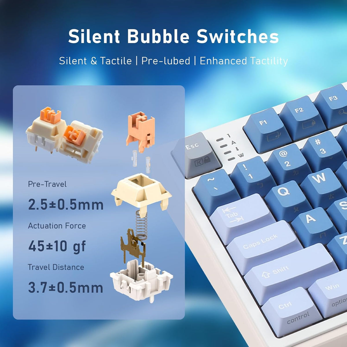 iRocks K85R Wireless RGB Backlit Mechanical Gaming Keyboard with LCD Display, Hot-Swappable Pre-lubed Switches, 98 PBT Keys, USB-C Detachable Cable (Aurora Blue, Silent Bubble Switch)