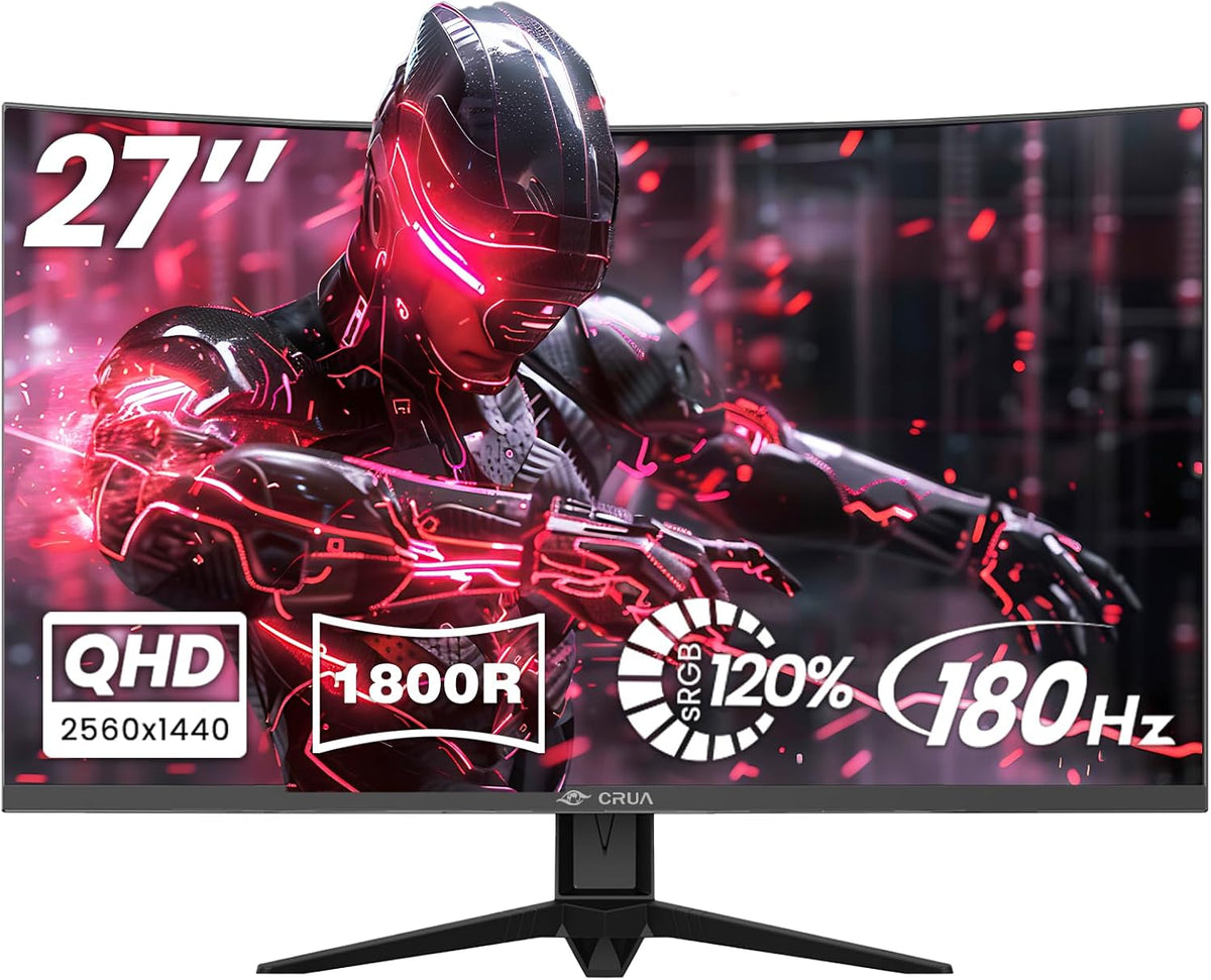 CRUA 27" Curved Gaming Monitor, 2k QHD(2560*1440P) VA Screen, 1800R, 165Hz/180Hz Computer Moniter, Supports AMD Freesync, 120% sRGB, Built-in Speakers, Wall Mountable Installs(HDMI 2.0/DP 1.4)-Black