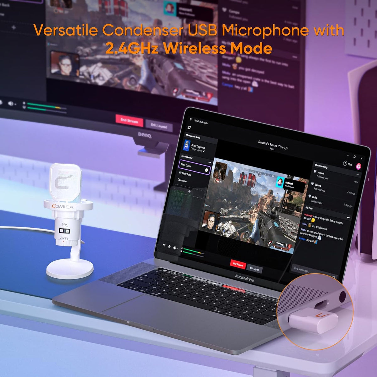 COMICA EJoy Uni Pro Wireless USB Condenser Gaming for PC, PS4, PS5, USB C Phone and Mac, RGB Computer Mic for Twitch, Streaming/Podcasting/YouTube, Noise Cancellation Mic with Mute, Gain, Monitoring