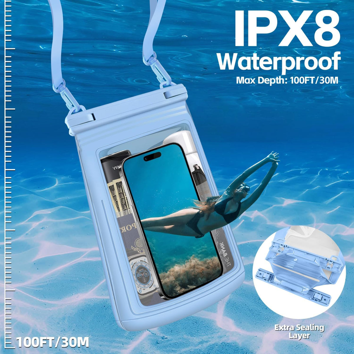 2L Floating Waterproof Phone Pouch for Up to 7.5", Large Space Adjustable Neck Lanyard Waterproof Bag. Dry Bag for Family Vacations, Beach, Pools, Kayaking, Cruises (Blue)