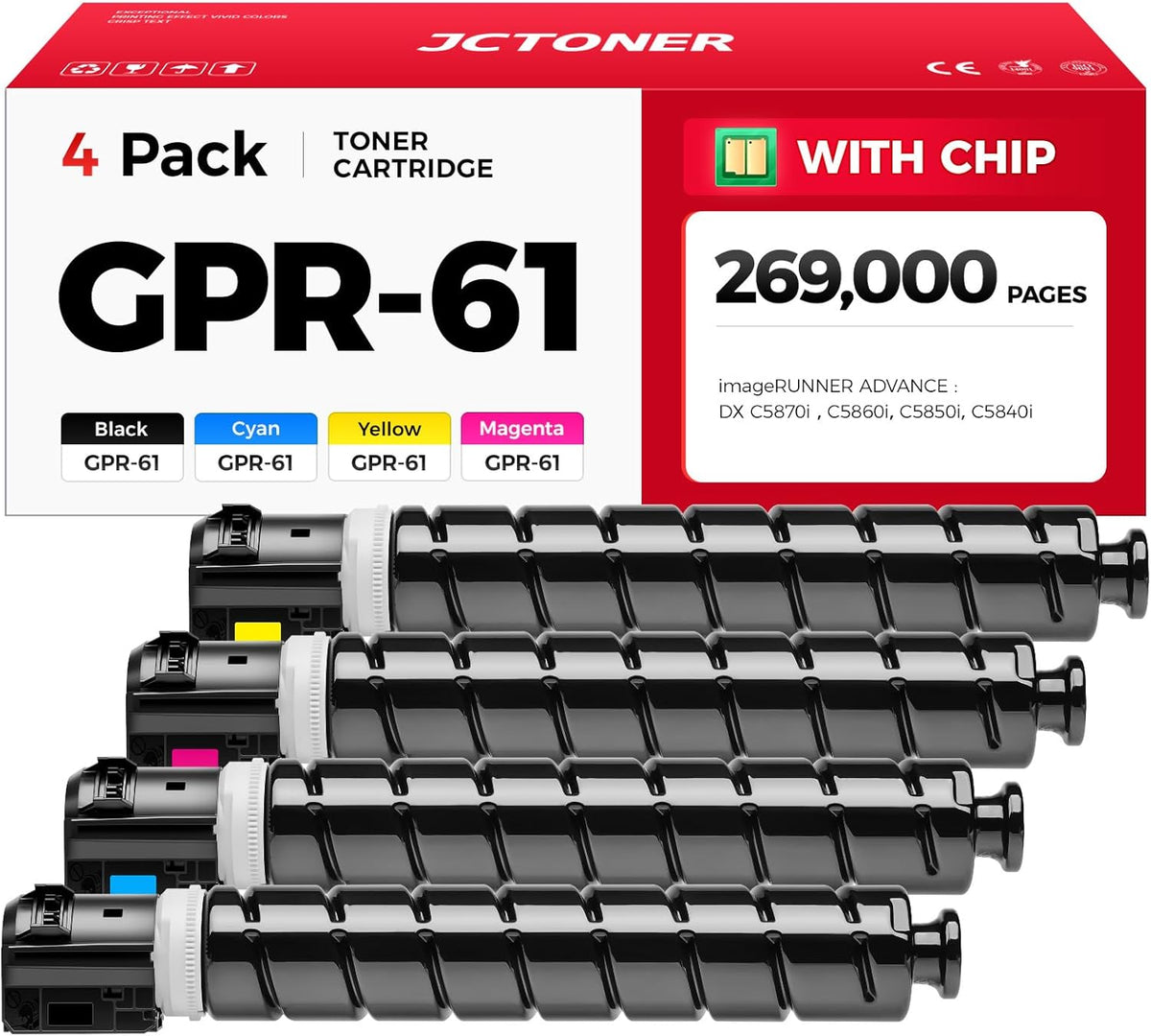 GPR-61 GPR61 Toner Cartridge Set 4-Pack with chip High Yield Replacement for Canon GPR-61 GPR61 3763C003AA for ImageRUNNER Advance DX C5840i C5850i C5860i C5870i Printer Ink Black Cyan Magenta Yellow