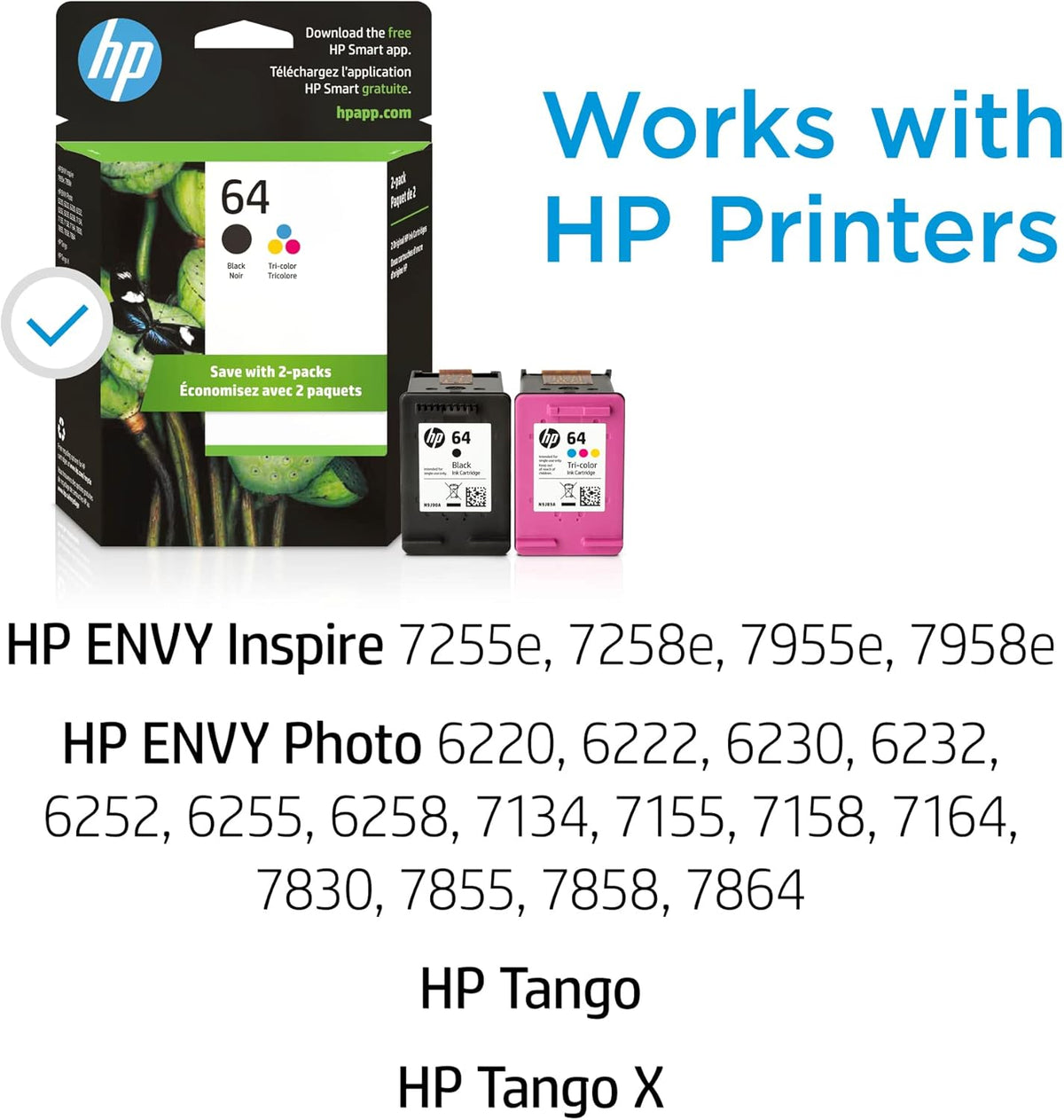 HP 64 Black & Tri-Color Ink Cartridges for HP Printers (Combo Pack) | Works with Printer Series: Inspire 7950e; ENVY Photo 6200, 7100, 7800; Tango | Eligible for Instant Ink | X4D92AN
