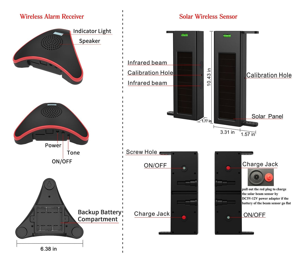 HTZSAFE Solar Wireless Driveway Alarm System- 1/4 Mile Long Transmission Range- 190 Feet Wide Sensor Range- No Wiring No Need Replace Battery- Outdoor