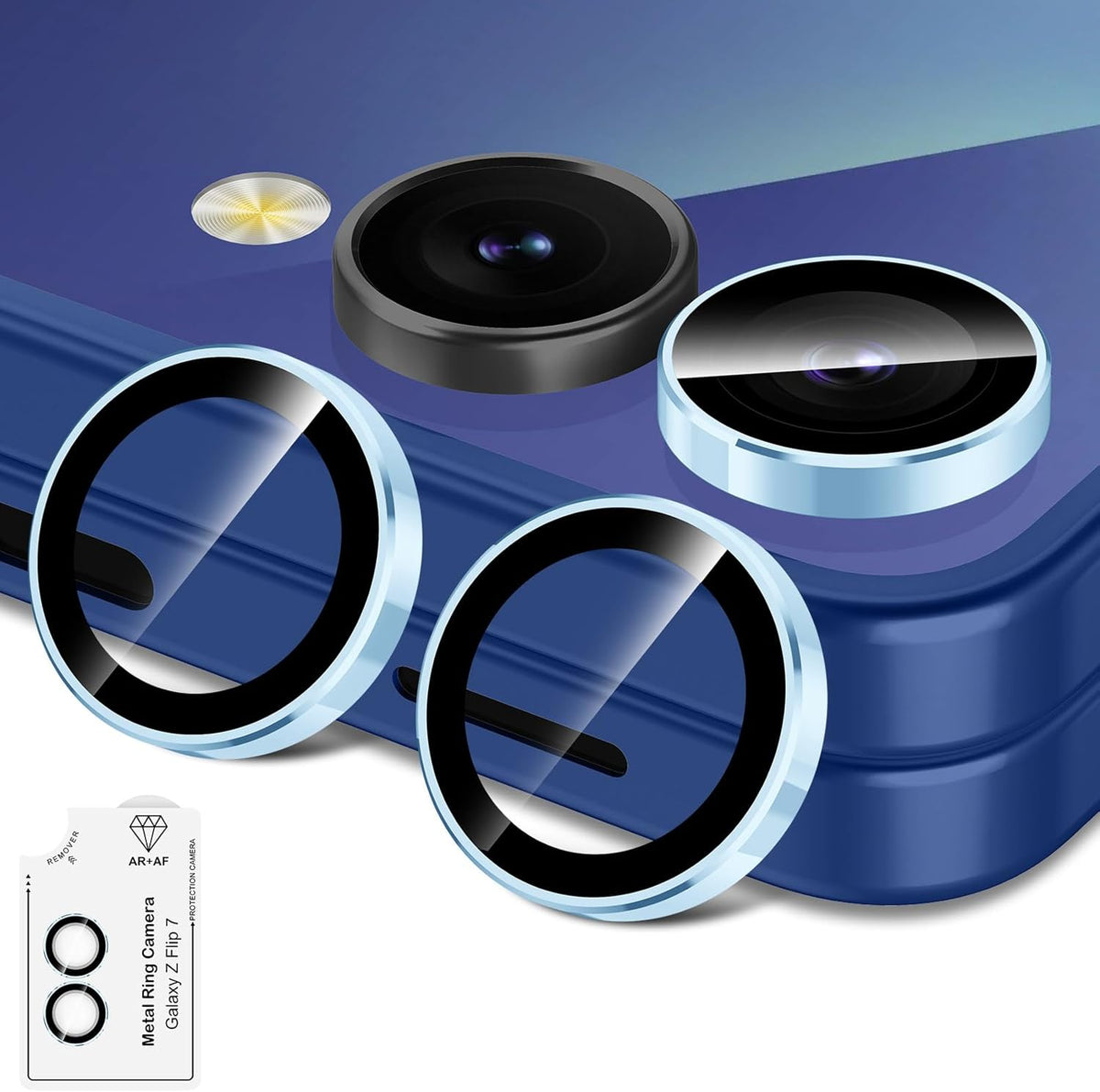for Samsung Galaxy Z Flip 7 Camera Lens Protector, Individual Metal Ring Tempered Glass Lens Cover, [Strong Adsorption] Scratch Resistant Ultra-Thin HD Clear Lens Cover, 1 Set-Blue Ring