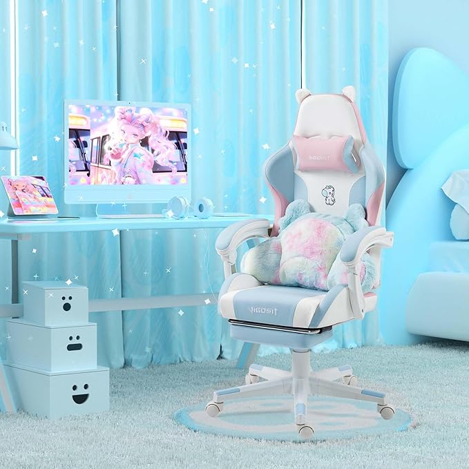 【Gaming Chair with Paw Cushion】 Kawaii PC Gamer Chair for Girls Teens Adjustable Height &amp 90-155° Recline 360° Swivel with Retractable Footrest (BluePink)