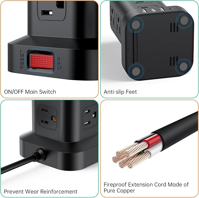 Extension Cord with Multiple Outlets, SMALLRT Power Strip Tower with USB Ports 12 AC Outlets, PD 20W USB C, 15FT Outlet Extender for Home Dorm, Office Supplies, Overload Protection