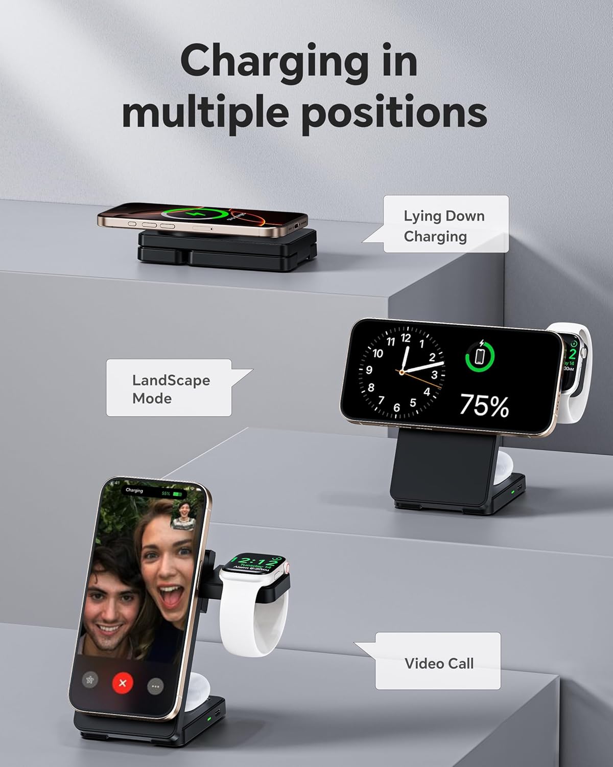 3 in 1 Charging Station for iPhone 16 15 14 13 12 Series, Wireless Charger for Apple Watch，Travel Magnetic Charging Stand for AirPods (Black)