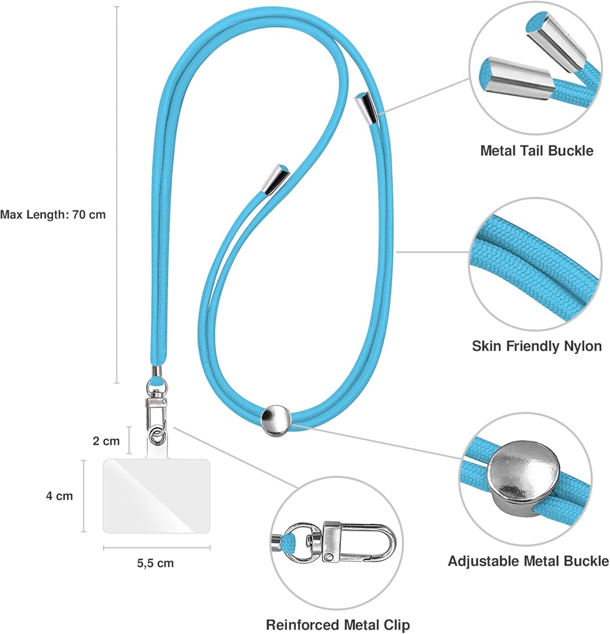 Cell Phone Lanyard [Sky Blue] - Comfortable Universal Smartphone Lanyard - Easy to Use Neck Phone Holder [Clear Patch] - Adjustable Length Phone Strap Crossbody - Fits All Mobile Phones