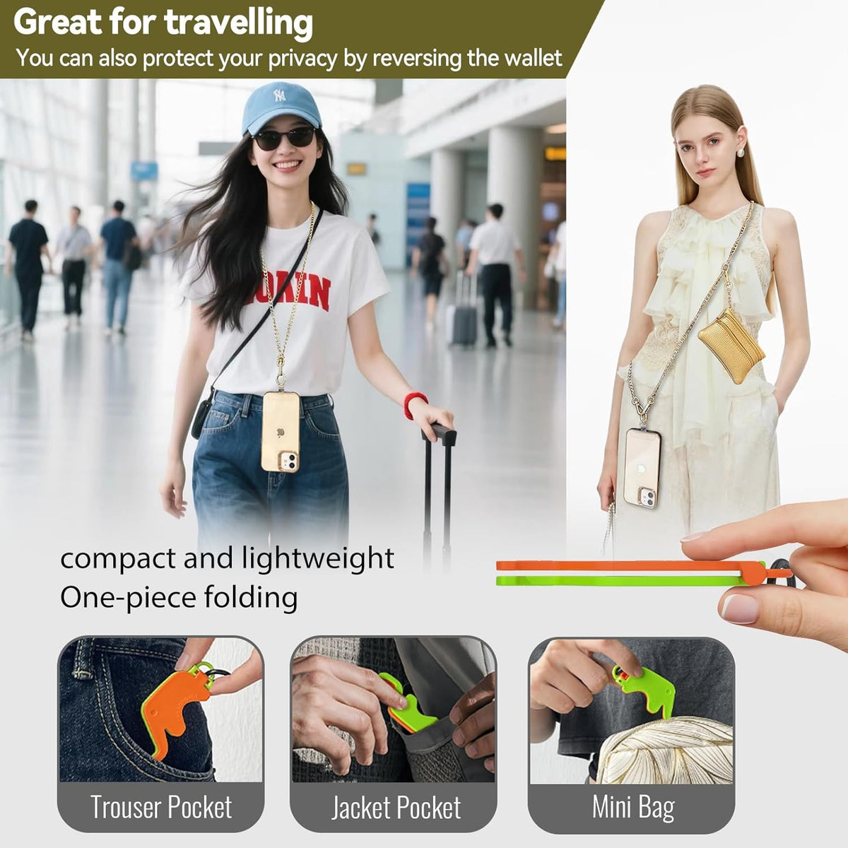 Clip and Go Strap for Phone Gold Metal Chain with Gold Purse Wallet Crossbody Phone Lanyard for Women with Cell Phone Stand Holder 2 Patches Tether Adjustable Anti Theft for iPhone 16 15 14 All Phones