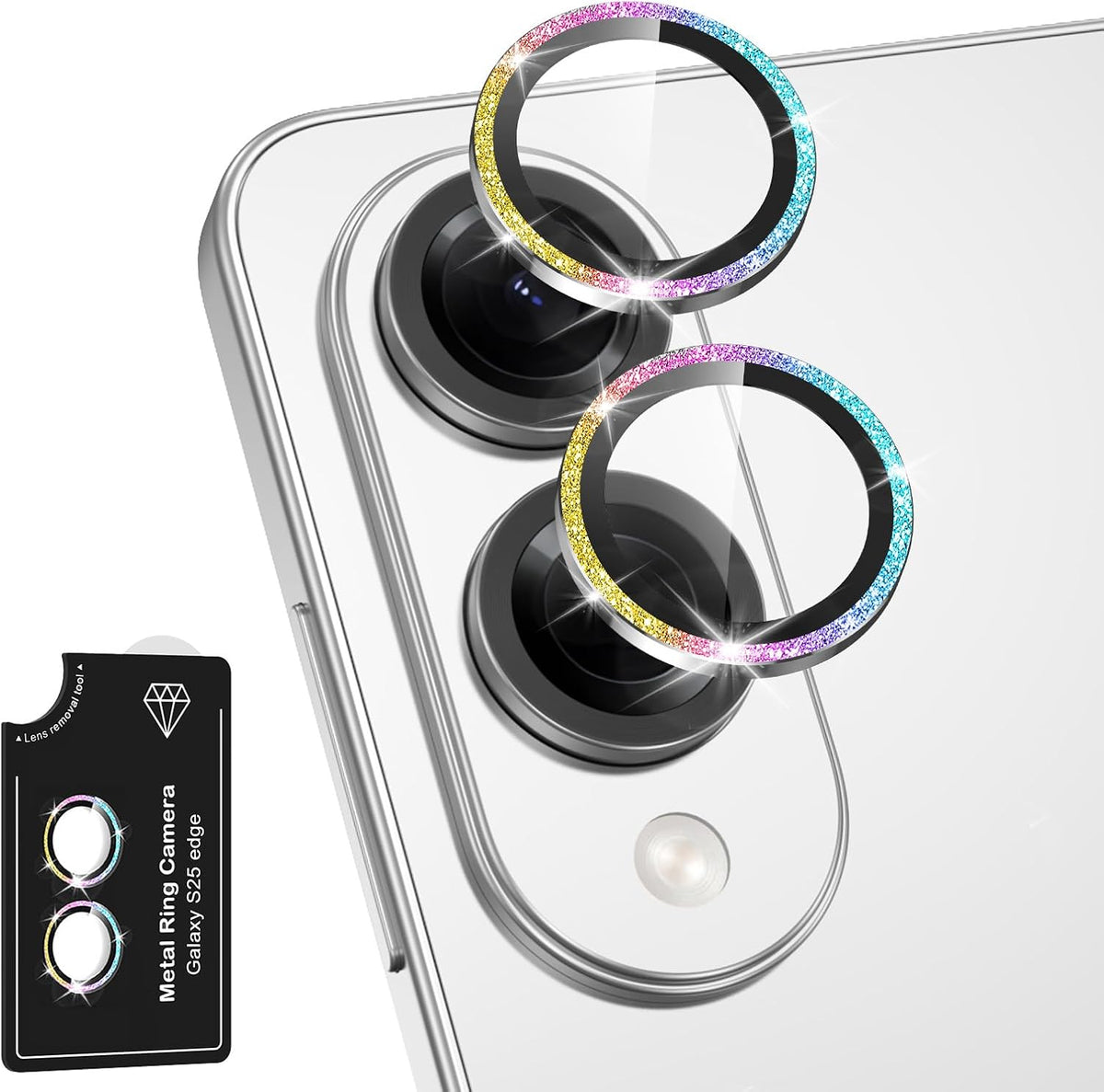 for Samsung Galaxy S25 Edge Camera Lens Protector, Individual Metal Ring Tempered Glass Lens Cover, [Strong Adsorption] Scratch Resistant Ultra-Thin HD Clear Lens Cover, 1 Set-Colorful Sparkly