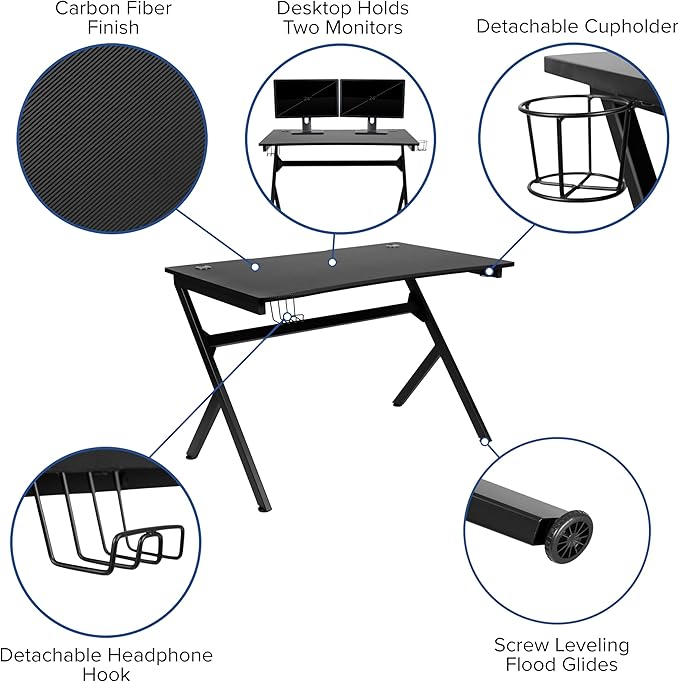 BizChair Black Gaming Desk with Cup Holder/Headphone Hook/2 Wire Management Holes &amp Black Reclining Back/Arms Gaming Chair with Footrest