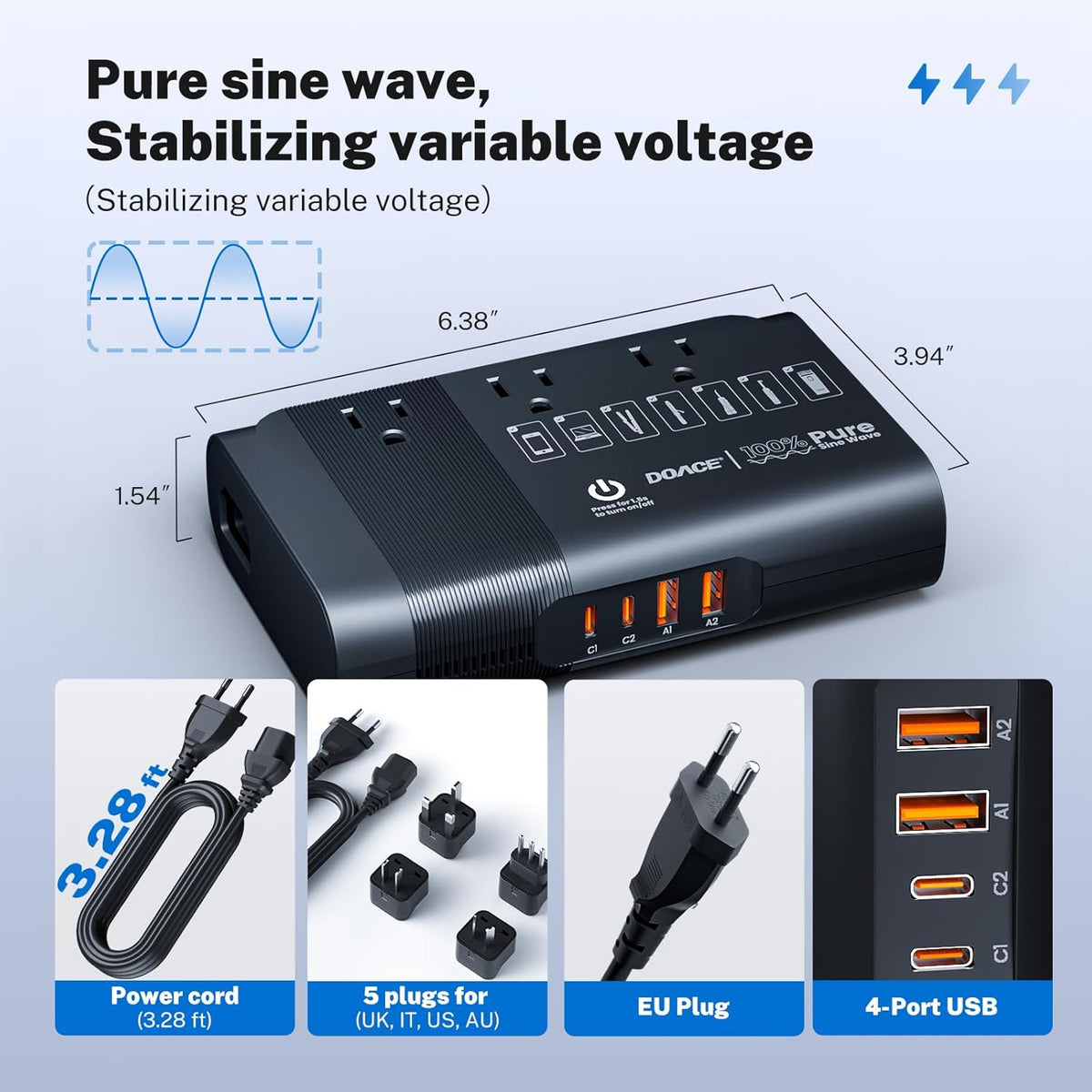 DOACE 500W Pure Sine Wave Voltage Converter, 220V to 110V European Travel Plug Adapter Converter, International Travel Transformer for US to Most Europe，UK, AU, EU, IT with 3 US Outlets & 4 USB, BLACK